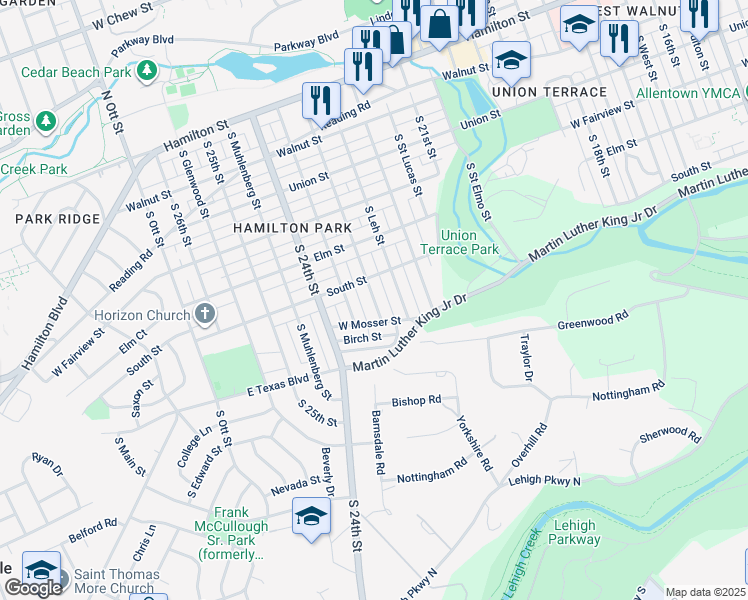 map of restaurants, bars, coffee shops, grocery stores, and more near 514 South Leh Street in Allentown