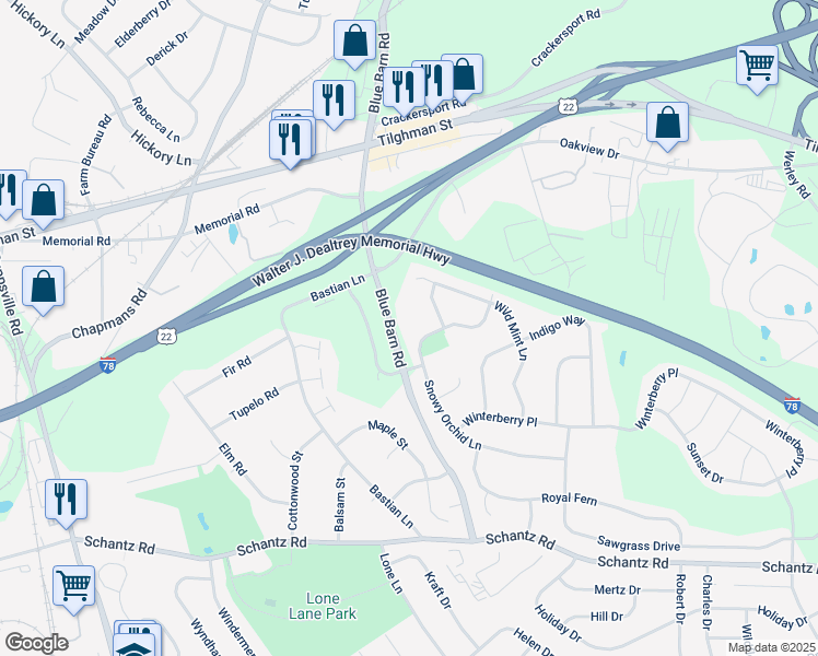 map of restaurants, bars, coffee shops, grocery stores, and more near 5791 Snowy Orchid Lane in Allentown