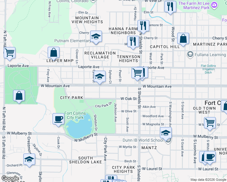 map of restaurants, bars, coffee shops, grocery stores, and more near 115 Jackson Avenue in Fort Collins