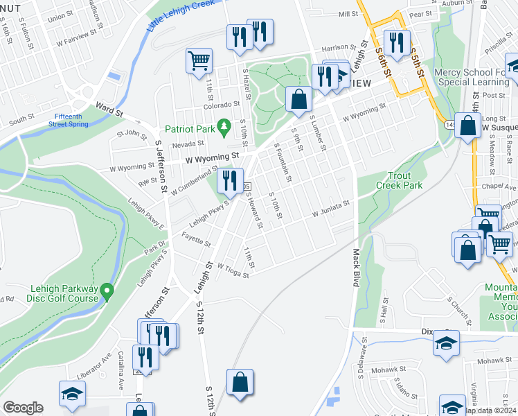 map of restaurants, bars, coffee shops, grocery stores, and more near 1209 South Howard Street in Allentown
