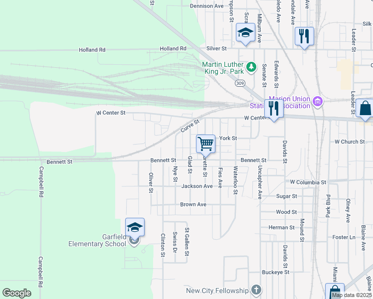 map of restaurants, bars, coffee shops, grocery stores, and more near 184 Nye Street in Marion