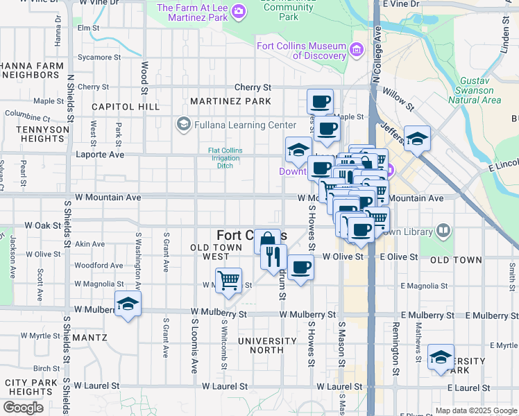 map of restaurants, bars, coffee shops, grocery stores, and more near 431 West Mountain Avenue in Fort Collins