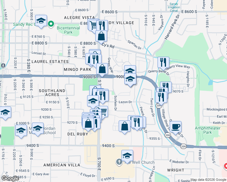 map of restaurants, bars, coffee shops, grocery stores, and more near East 9085 South in Sandy