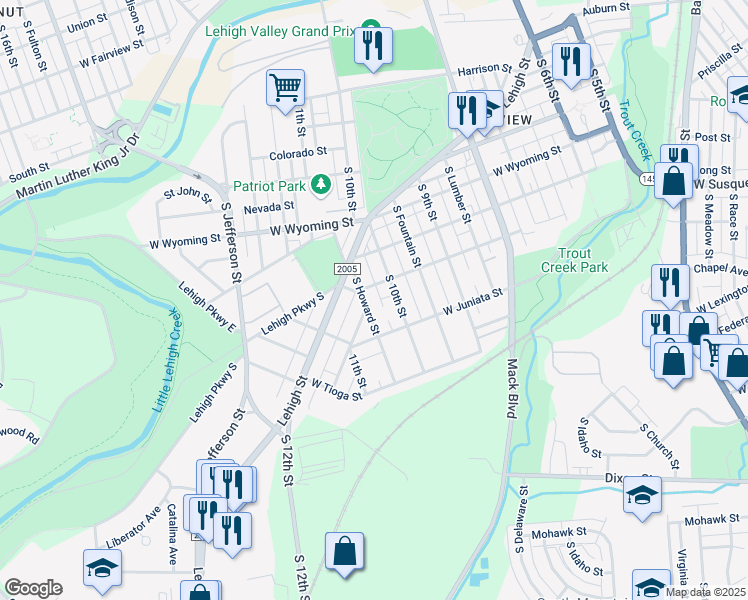map of restaurants, bars, coffee shops, grocery stores, and more near 1207 South Howard Street in Allentown