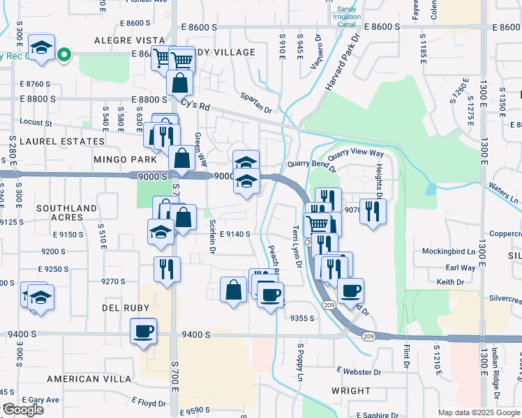 map of restaurants, bars, coffee shops, grocery stores, and more near 9083 South Enchanted Oak Lane in Sandy