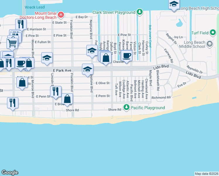 map of restaurants, bars, coffee shops, grocery stores, and more near 215 Roosevelt Boulevard in Long Beach