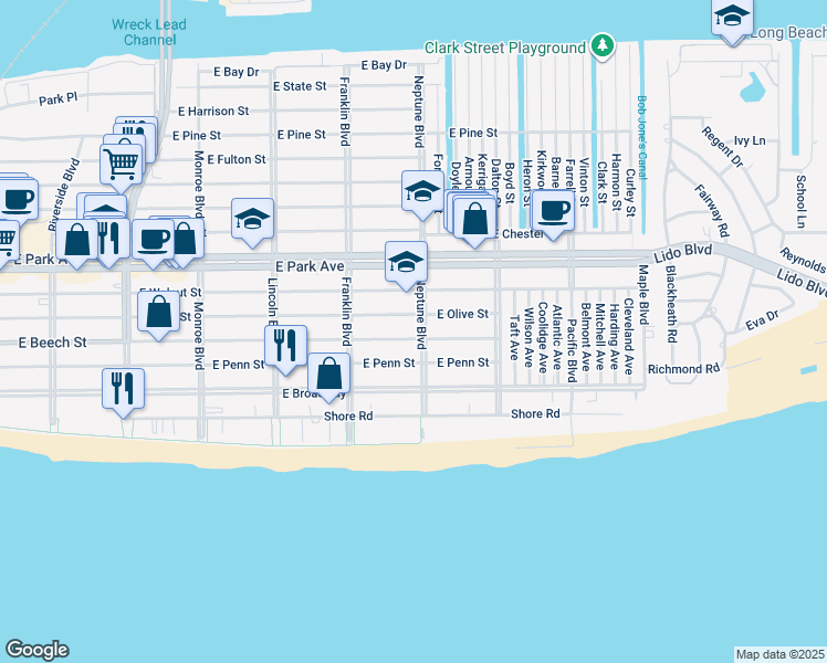 map of restaurants, bars, coffee shops, grocery stores, and more near 217 Neptune Boulevard in Long Beach