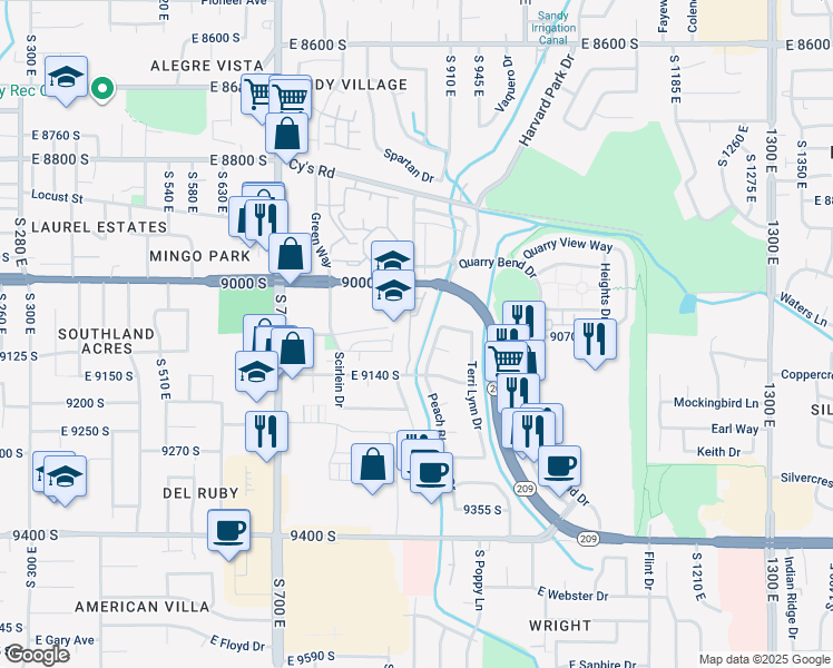 map of restaurants, bars, coffee shops, grocery stores, and more near 9083 South Enchanted Oak Lane in Sandy