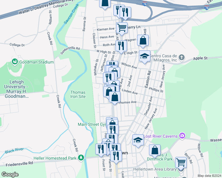 map of restaurants, bars, coffee shops, grocery stores, and more near 1180 Main Street in Hellertown