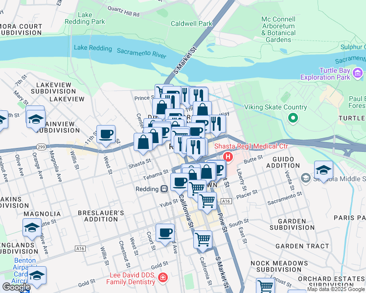 map of restaurants, bars, coffee shops, grocery stores, and more near in Redding