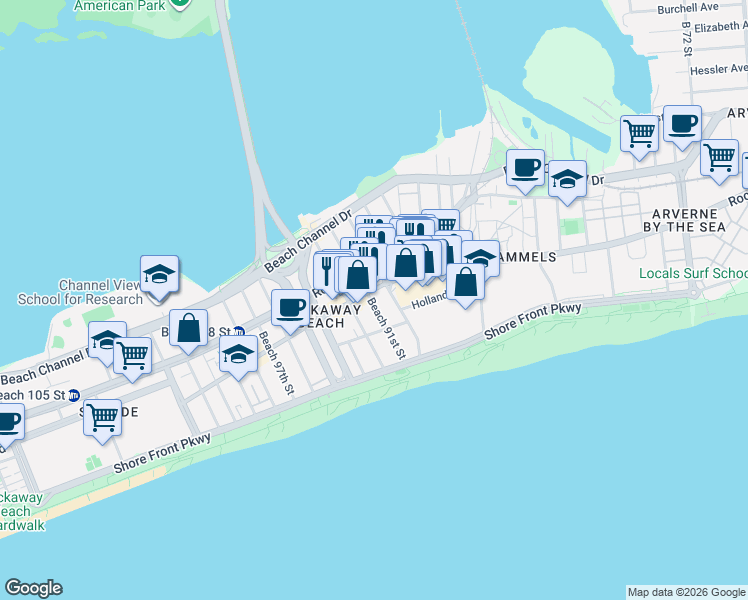 map of restaurants, bars, coffee shops, grocery stores, and more near 209 Beach 91st Street in Queens