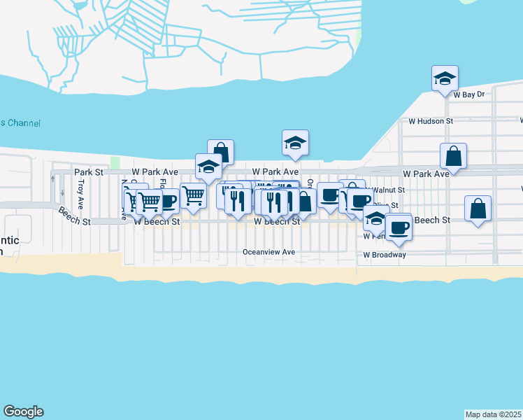 map of restaurants, bars, coffee shops, grocery stores, and more near 75 Wisconsin Street in Long Beach