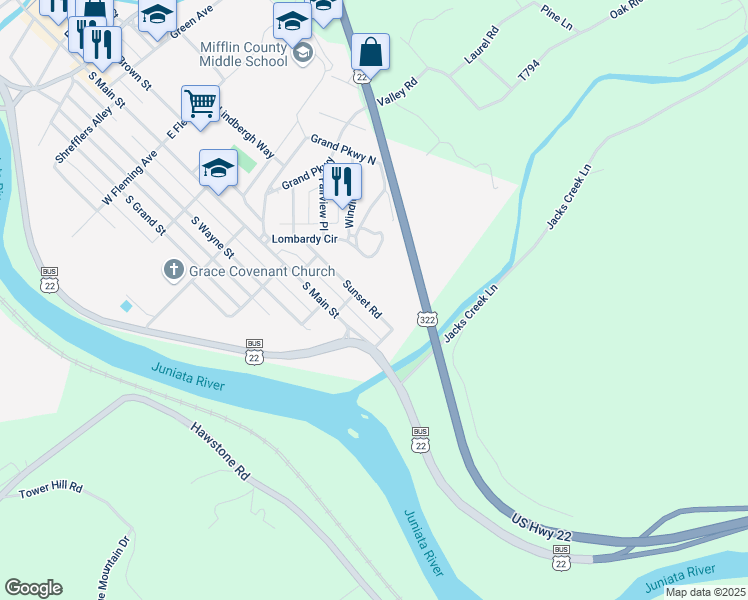 map of restaurants, bars, coffee shops, grocery stores, and more near 107 Sunset Road in Lewistown