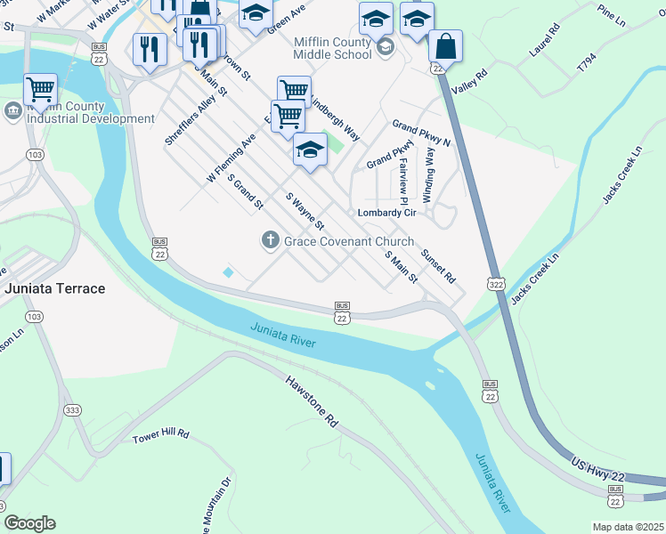 map of restaurants, bars, coffee shops, grocery stores, and more near 733 South Grand Street in Lewistown