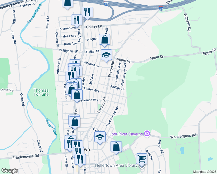 map of restaurants, bars, coffee shops, grocery stores, and more near 1227 Easton Road in Hellertown