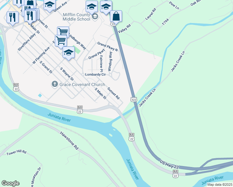 map of restaurants, bars, coffee shops, grocery stores, and more near 107 Sunset Road in Lewistown