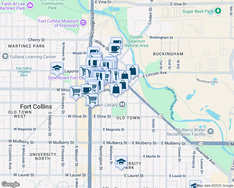 map of restaurants, bars, coffee shops, grocery stores, and more near 120 Mathews Street in Fort Collins