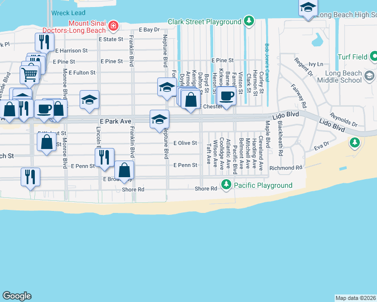 map of restaurants, bars, coffee shops, grocery stores, and more near 632 East Olive Street in Long Beach