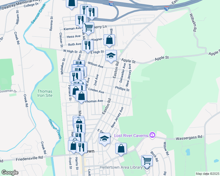 map of restaurants, bars, coffee shops, grocery stores, and more near 305 Phillips Street in Hellertown