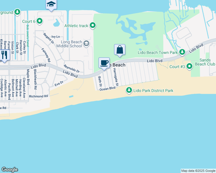 map of restaurants, bars, coffee shops, grocery stores, and more near 76 Cheltenham Street in Lido Beach
