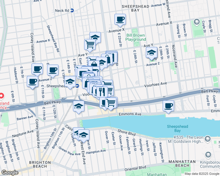 map of restaurants, bars, coffee shops, grocery stores, and more near 3060 Ocean Avenue in Brooklyn