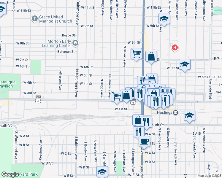 map of restaurants, bars, coffee shops, grocery stores, and more near 1139 West 4th Street in Hastings