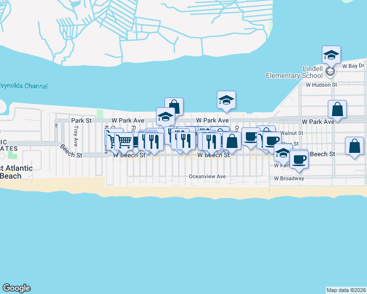 map of restaurants, bars, coffee shops, grocery stores, and more near 75 Minnesota Avenue in Long Beach