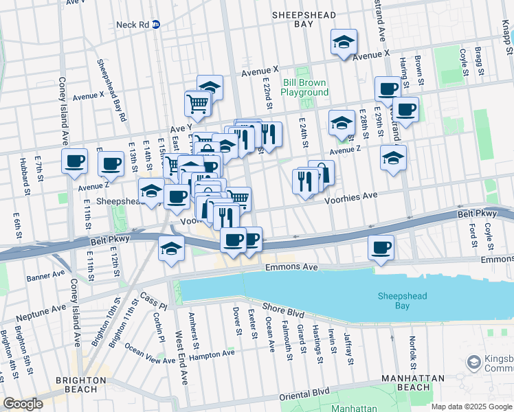 map of restaurants, bars, coffee shops, grocery stores, and more near 3051 Ocean Avenue in Brooklyn