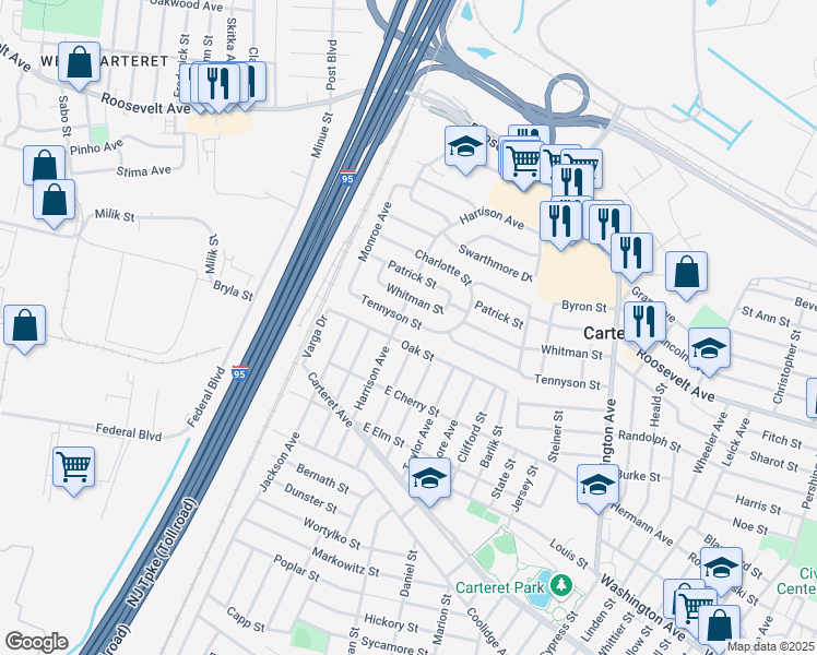 map of restaurants, bars, coffee shops, grocery stores, and more near 73 Tennyson Street in Carteret