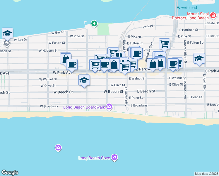 map of restaurants, bars, coffee shops, grocery stores, and more near 254 National Boulevard in Long Beach