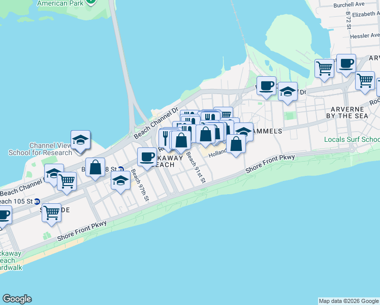 map of restaurants, bars, coffee shops, grocery stores, and more near 209 Beach 91st Street in Queens