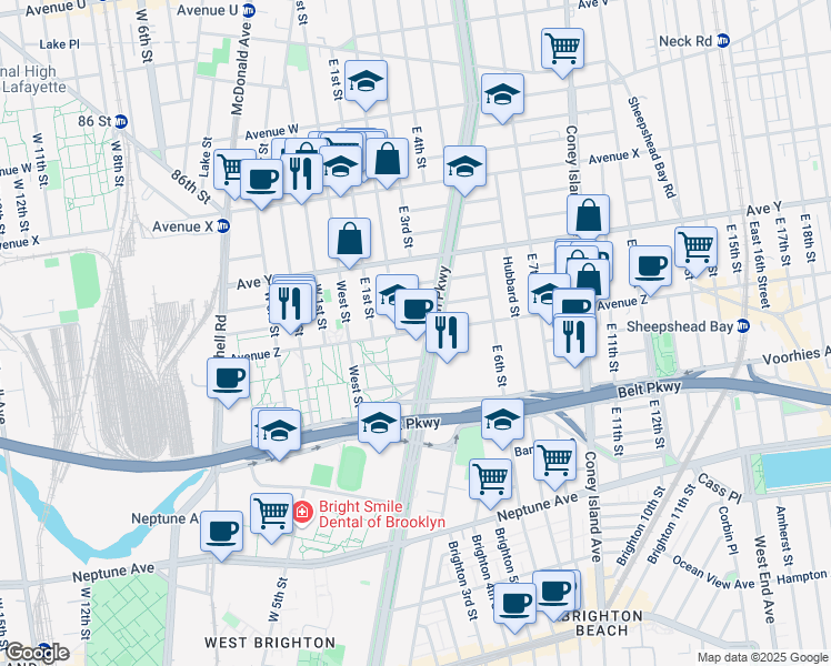 map of restaurants, bars, coffee shops, grocery stores, and more near 2580 Ocean Parkway in Brooklyn