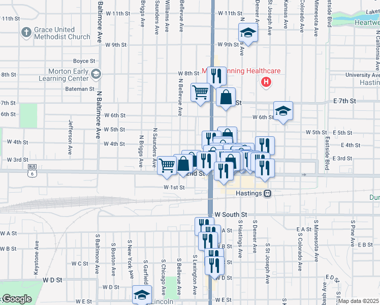 map of restaurants, bars, coffee shops, grocery stores, and more near 309 North Lexington Avenue in Hastings