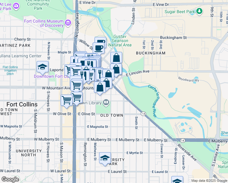 map of restaurants, bars, coffee shops, grocery stores, and more near 367 East Mountain Avenue in Fort Collins
