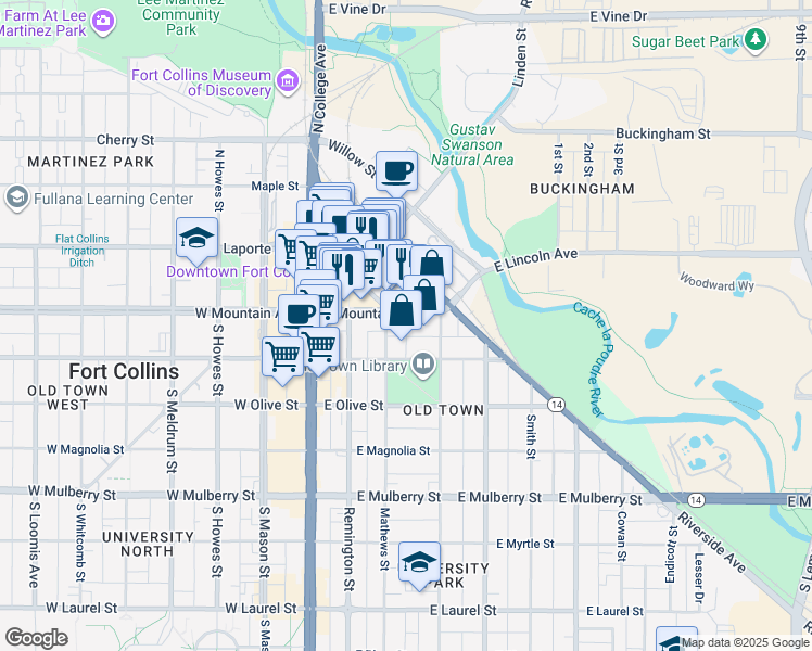 map of restaurants, bars, coffee shops, grocery stores, and more near 315 East Mountain Avenue in Fort Collins