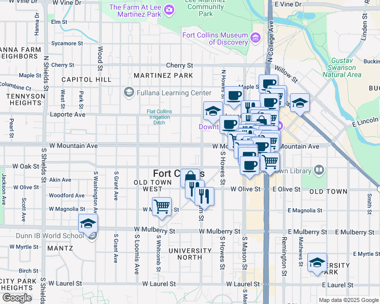map of restaurants, bars, coffee shops, grocery stores, and more near 431 West Mountain Avenue in Fort Collins