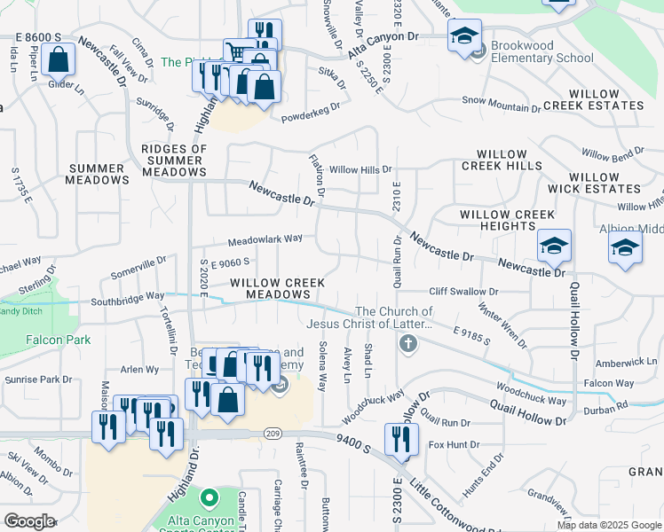 map of restaurants, bars, coffee shops, grocery stores, and more near 9013 South 2190 East in Sandy