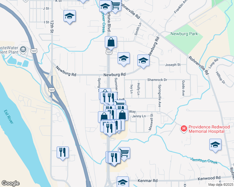 map of restaurants, bars, coffee shops, grocery stores, and more near 514 Summer Street in Fortuna