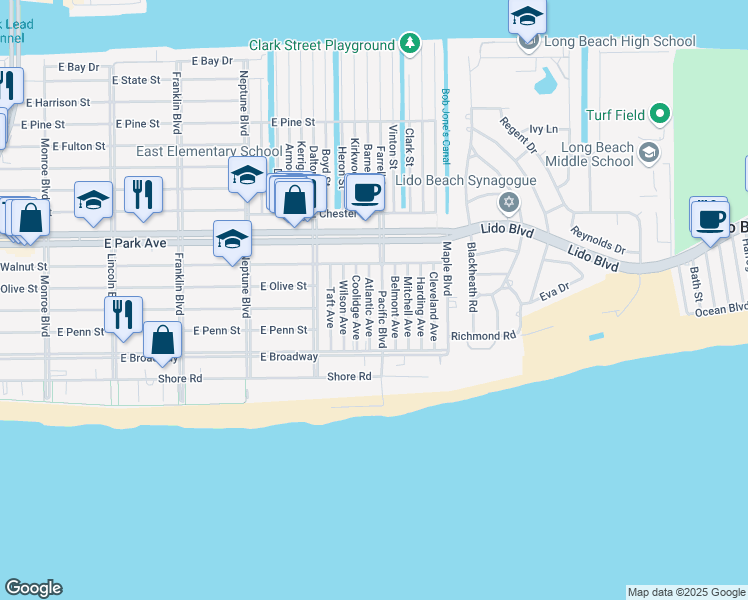 map of restaurants, bars, coffee shops, grocery stores, and more near 137 Pacific Boulevard in Long Beach