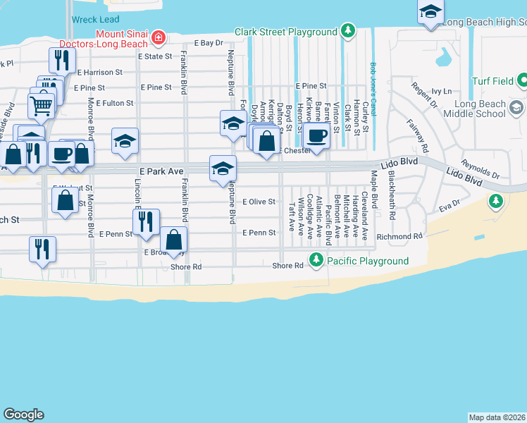 map of restaurants, bars, coffee shops, grocery stores, and more near 632 East Olive Street in Long Beach