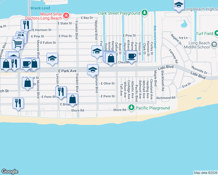 map of restaurants, bars, coffee shops, grocery stores, and more near 632 East Olive Street in Long Beach