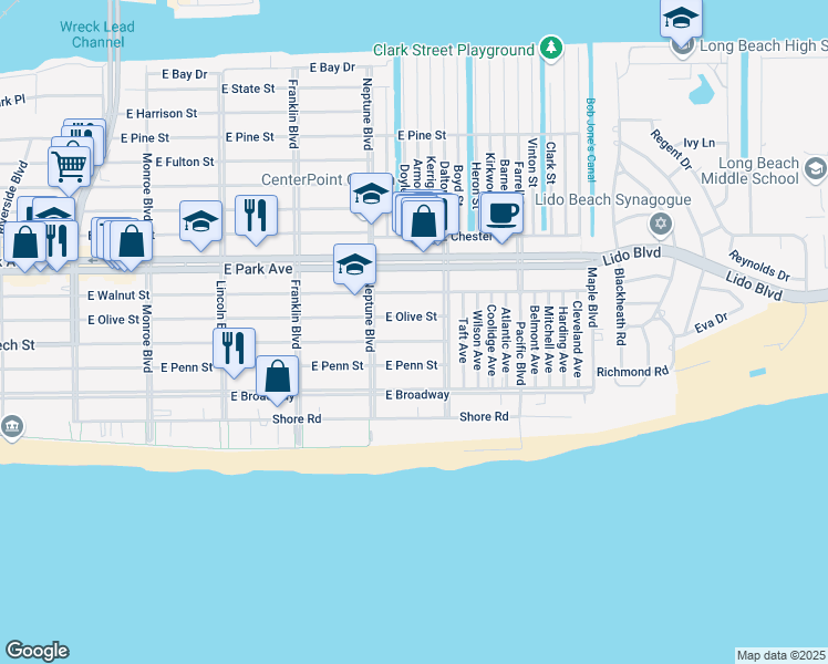 map of restaurants, bars, coffee shops, grocery stores, and more near 632 East Olive Street in Long Beach