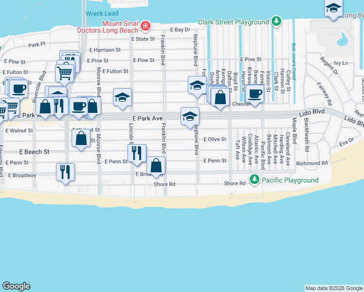 map of restaurants, bars, coffee shops, grocery stores, and more near 525 West Olive Street in Long Beach
