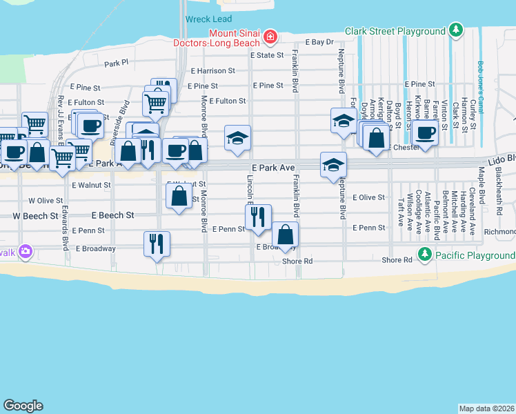 map of restaurants, bars, coffee shops, grocery stores, and more near 424 East Olive Street in Long Beach