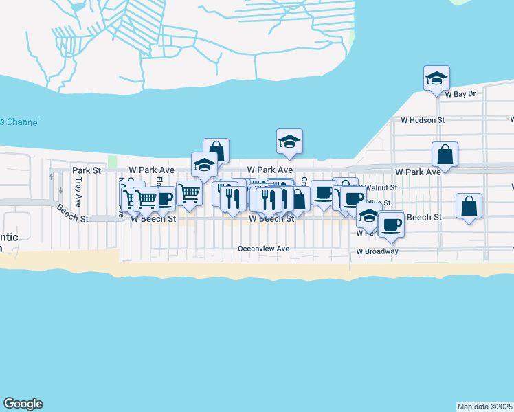 map of restaurants, bars, coffee shops, grocery stores, and more near 75 Wisconsin Street in Long Beach
