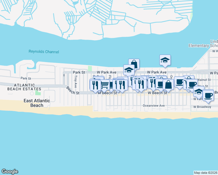 map of restaurants, bars, coffee shops, grocery stores, and more near 75 Connecticut Avenue in Long Beach