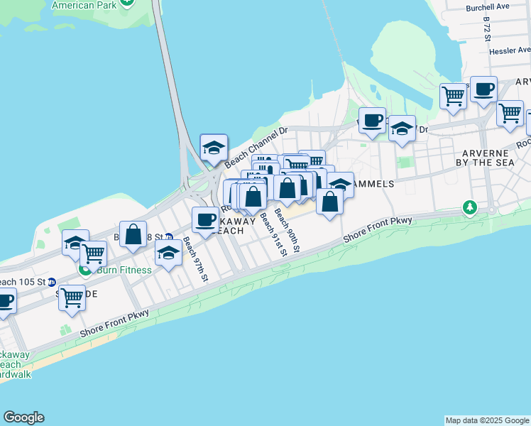map of restaurants, bars, coffee shops, grocery stores, and more near 209 Beach 91st Street in Queens