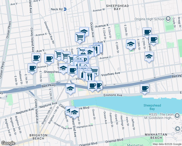 map of restaurants, bars, coffee shops, grocery stores, and more near 2661 East 19th Street in Brooklyn