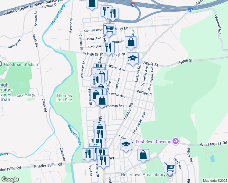 map of restaurants, bars, coffee shops, grocery stores, and more near 1240 2nd Avenue in Hellertown