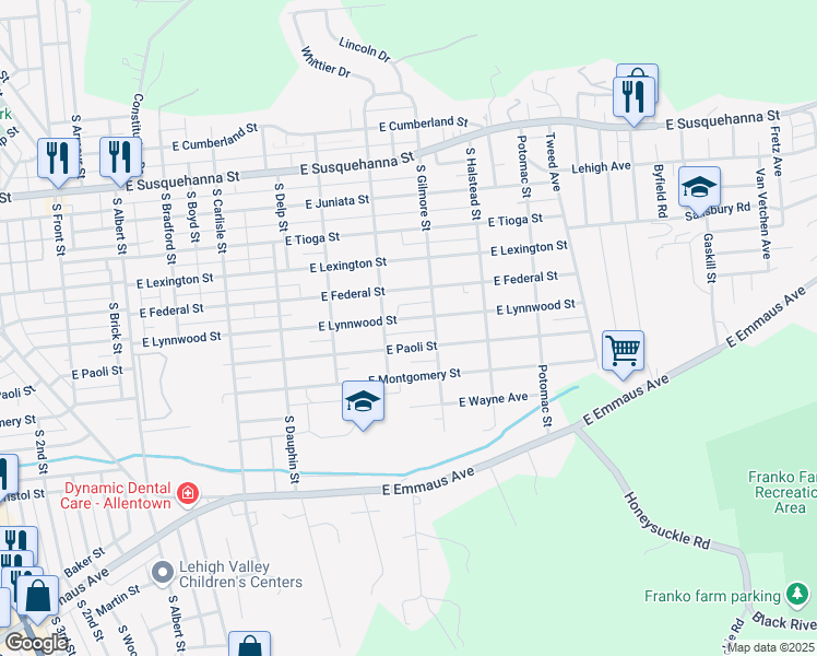 map of restaurants, bars, coffee shops, grocery stores, and more near 621 East Lynnwood Street in Allentown